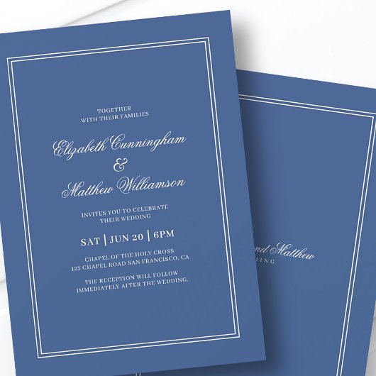 Elegante Eenvoudige Klassieke Blauwe & Witte Bruil Kaart