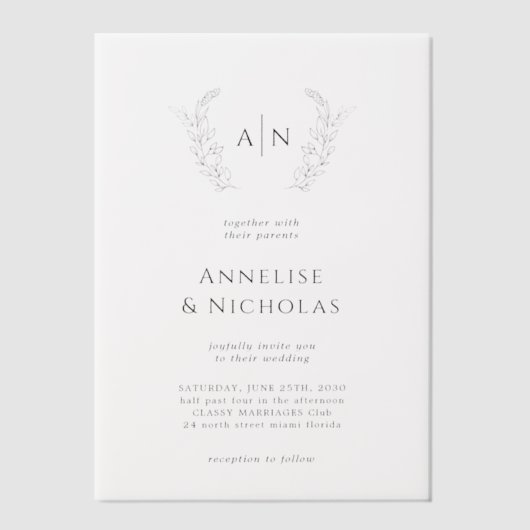 Elegante eenvoudige monogram overlay bruiloft vellum uitnodigingen (Voorkant)