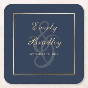 Elegante Eenvoudige Navy Blauwe Gouden Rand Script Vierkante Kartonnen Onderzetter