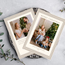 Elegante Eenvoudige Neutrale Gingham 2 Foto Kerstm