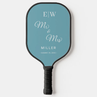 Elegante Eenvoudige Retro Blauw met Monogram Huwel Pickleball Paddle