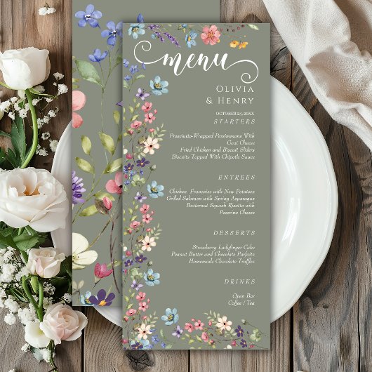 Elegante Eenvoudige Spring Sage Wildflowers Weddin Menu