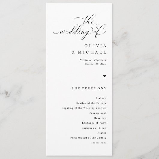 Elegante eenvoudige zwart-wit hart bruiloft programma (Voorkant)