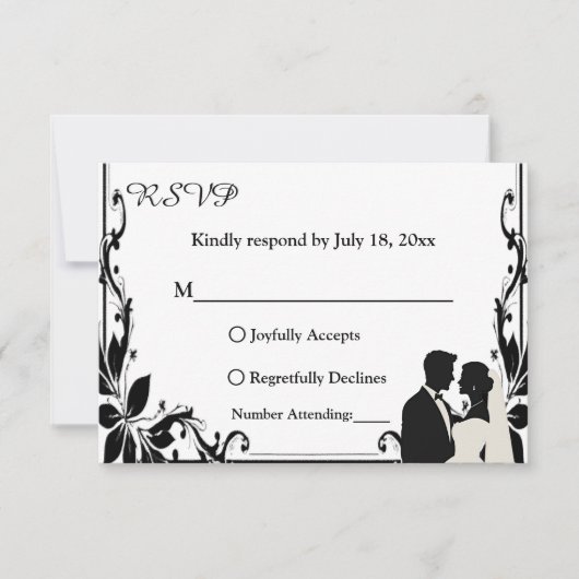 Elegante eenvoudige zwart-wit paar chique bruiloft RSVP kaartje (Voorkant)