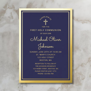 Elegante Eerste Communie Navy Blauwe Jongen Goud Folie Uitnodiging