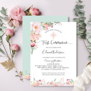 Elegante Eerste Communie Roze Goud, Mint Bloemen Kaart
