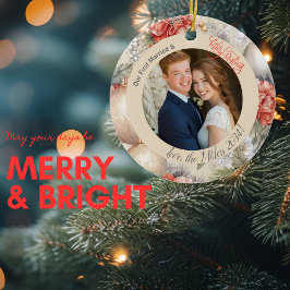 Elegante eerste getrouwde kerstfoto keramisch ornament