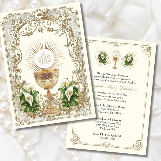 Elegante eerste Heilige Communie Bloemenuitnodigin Kaart