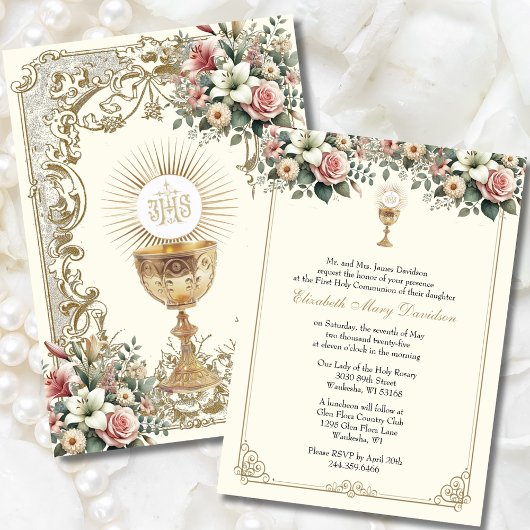 Elegante eerste Heilige Communie Bloemenuitnodigin Kaart