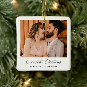 Elegante eerste kerst als man en vrouw foto keramisch ornament