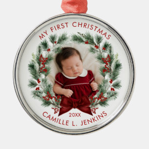Elegante eerste kerst van de baby, gepersonaliseer metalen ornament