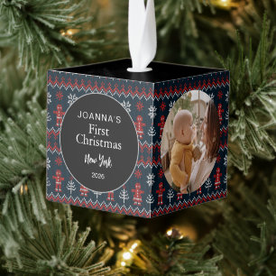 Elegante Eerste Kerstmis Baby Met Naam Foto Kubus Ornament