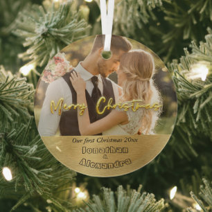 Elegante eerste Kerstmis Luxe goud Moderne foto Glas Ornament