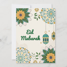 Elegante Eid Mubarak kaart met lantaarns en bloeme