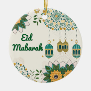 Elegante Eid Mubarak Kaart met Lantaarns en Bloeme Keramisch Ornament