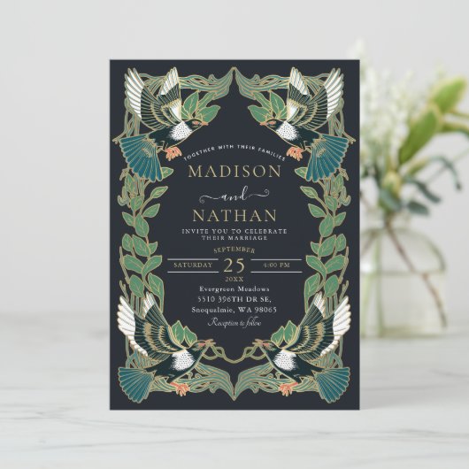 Elegante ekster Art Nouveau bruiloft uitnodiging (Staand voorkant)