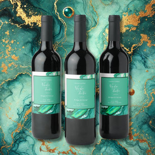 Elegante Emerald Blauwgroen Marmeren Waterverf bru Wijn Etiket