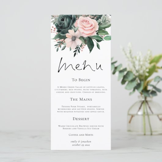 Elegante Emerald en Blush Bloemen bruiloft Menu (Staand voorkant)