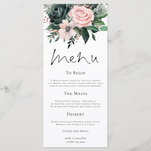 Elegante Emerald en Blush Bloemen bruiloft Menu (Voorkant)