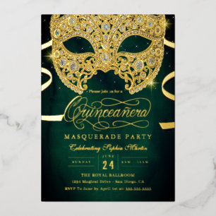 Elegante Emerald Gold Masquerade Quinceanera Folie Uitnodiging