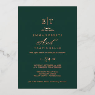 Elegante Emerald & Goud Folie Monogram Huwelijk Uitnodiging