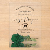 Elegante Emerald Green Roos Kalligrafie bruiloft Acryl Uitnodigingen (Voorkant)