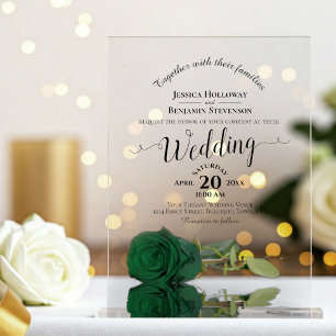 Elegante Emerald Green Roos Kalligrafie bruiloft Acryl Uitnodigingen
