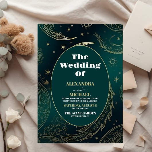 Elegante Emerald Groen Goud Hemelse Bruiloft Kaart