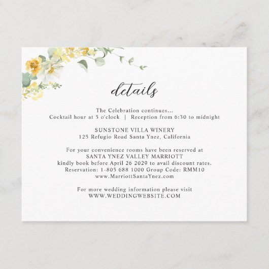 Elegante en delicate gele bloemenbruiloft details informatiekaartje (Voorkant)
