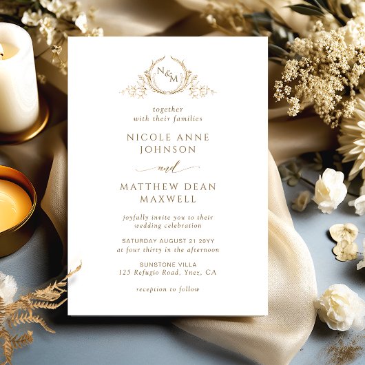 Elegante en formele witte en gouden monogram bruil kaart