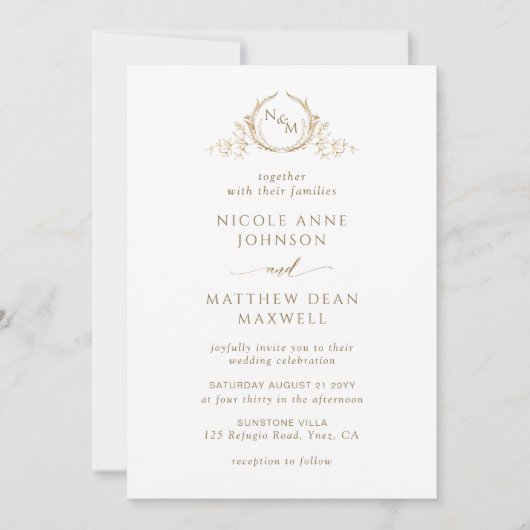 Elegante en formele witte en gouden monogram bruil kaart (Voorkant)