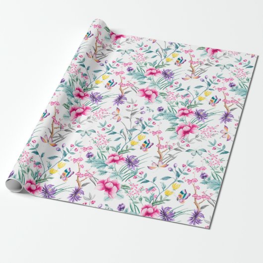 Elegante en Kleurrijke Bloemen & Vlinders Cadeaupapier (Uitgerold)