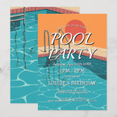Elegante en moderne blauwe zwembadfeest uitnodigin kaart (Voorkant / Achterkant)