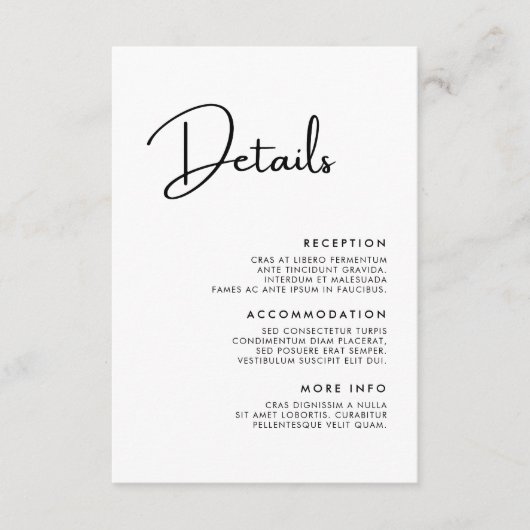 Elegante en moderne zwart-wit bruiloft details informatiekaartje (Voorkant)