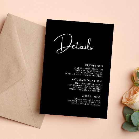 Elegante en moderne zwart-wit bruiloft details informatiekaartje