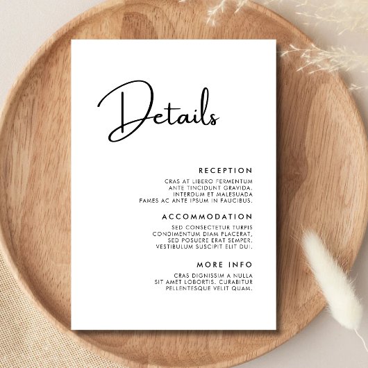 Elegante en moderne zwart-wit bruiloft details informatiekaartje