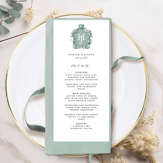 Elegante en tijdloze groene monogram bruiloft menu