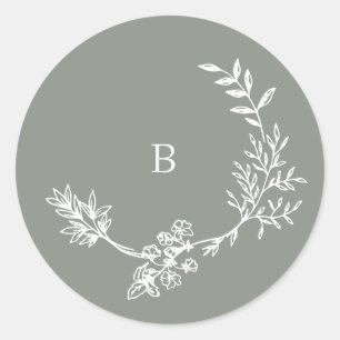 Elegante envelop Sage Groene Bloemen Monogram kran Ronde Sticker