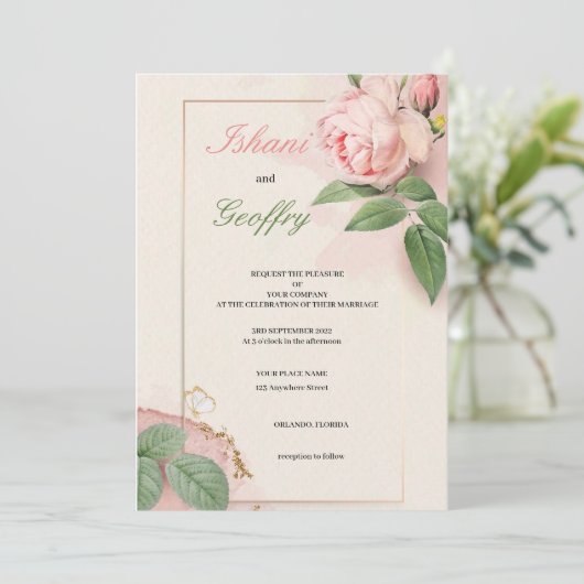 ÉLÉGANTE ET CUTE FLEURS DE MARIAGE ROSE INVITATION (Debout devant)