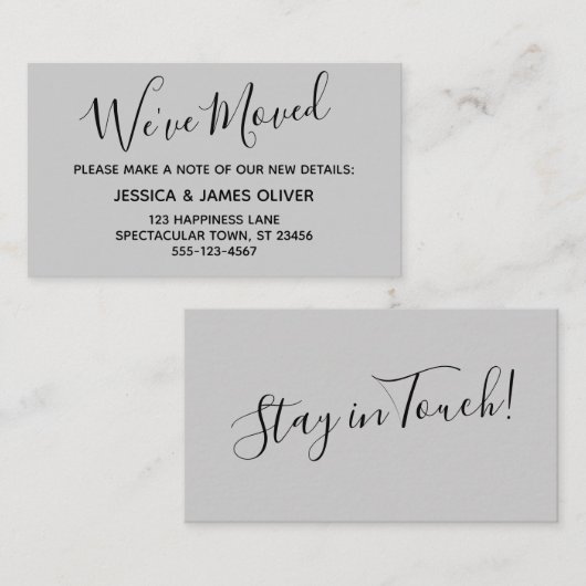 Élégante et minimale carte gris clair "We've moved (Devant / Derrière)