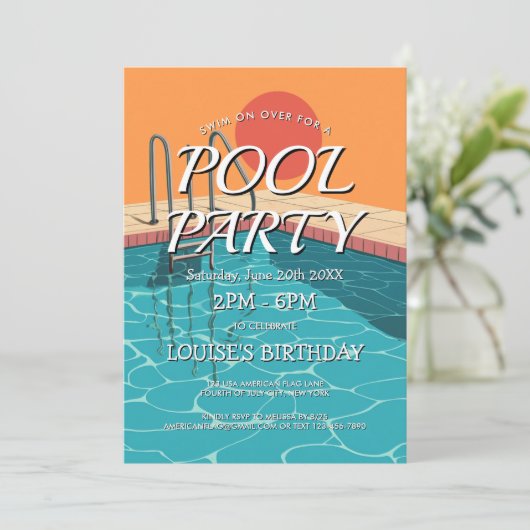 élégante et moderne bleu Pool Party Invitation (Debout devant)