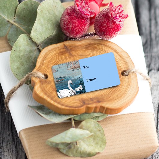 Élégante étiquette cadeau bébé cygne blanc