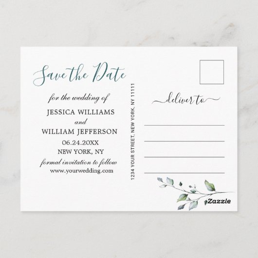 Elegante Eucalyptus 2 FOTO Bruiloft Save the Date Briefkaart (Achterkant)