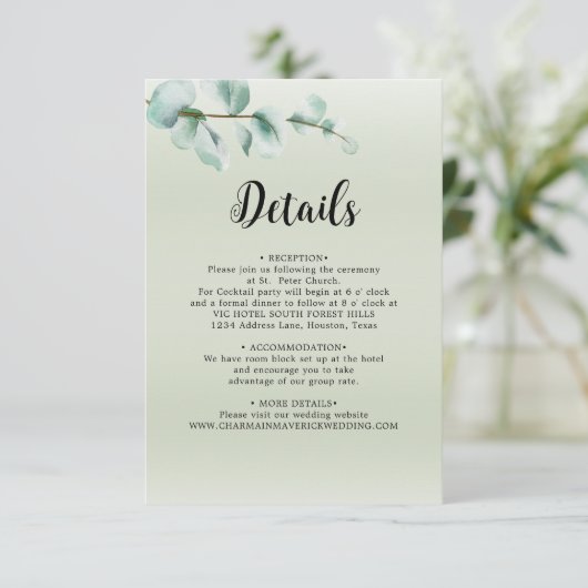 Elegante Eucalyptus blad groen bruiloft details Informatiekaartje (Staand voorkant)