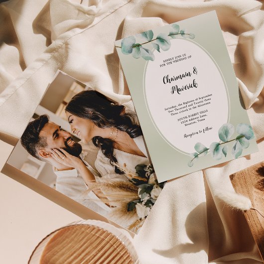 Elegante Eucalyptus blad groen foto bruiloft Kaart