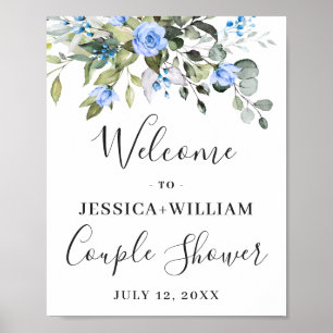 Elegante Eucalyptus Blauwe Rozen Koppel Shower Poster