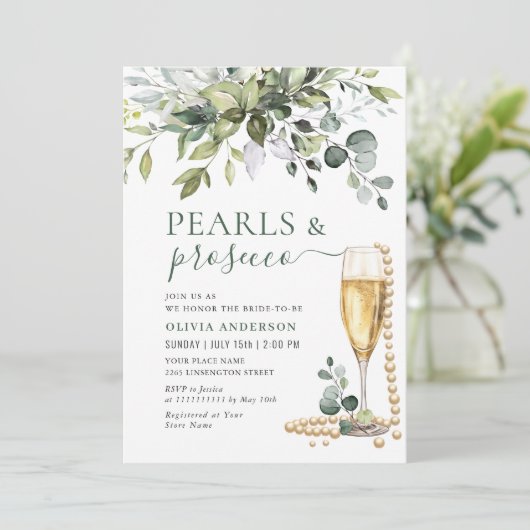 Elegante Eucalyptus Bloemparels & Prosecco Kaart (Staand voorkant)