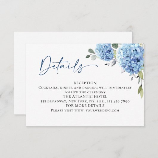 Elegante Eucalyptus Blue Hydrangea bruiloft detail Informatiekaartje (Voorkant / Achterkant)