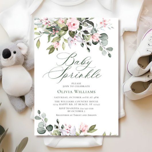 Elegante Eucalyptus Blush Rozen Baby Sprinkle Kaart