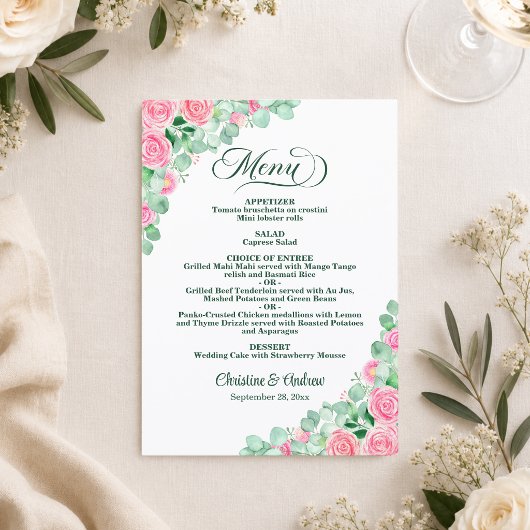 Elegante Eucalyptus Blush Rozen Bruiloft Menu